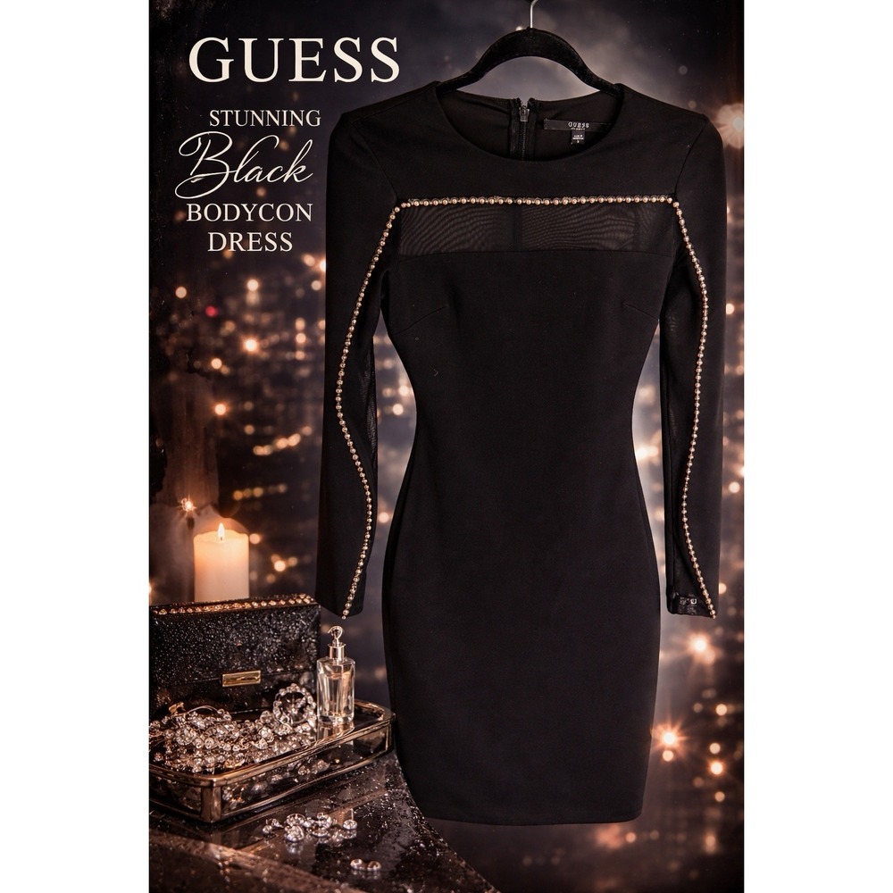 Guess Black Studded Mesh Bodycon Dress with Long Sleeves Sz S Cocktail Party